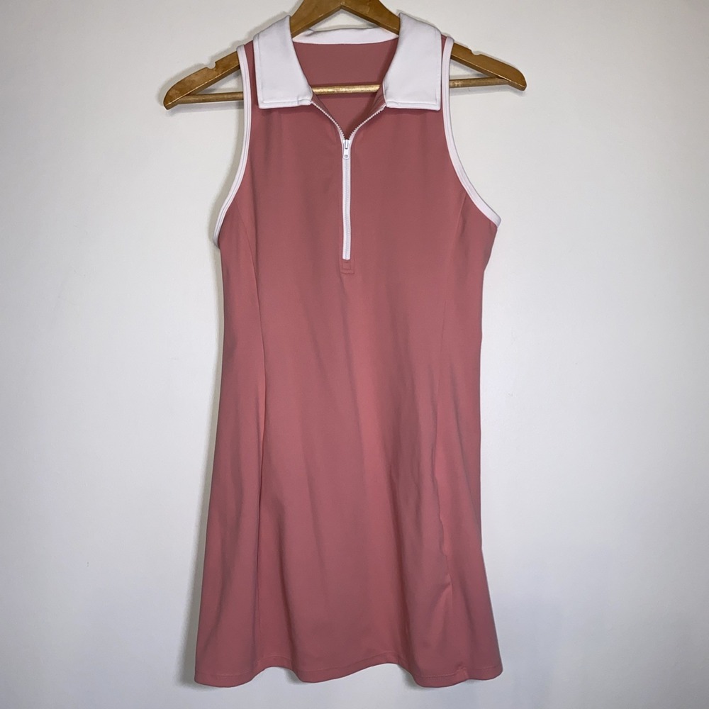 Halara M Sleeveless Athletic Tennis Golf Dress‎ Coral Pink White Collar 1/4 Zip